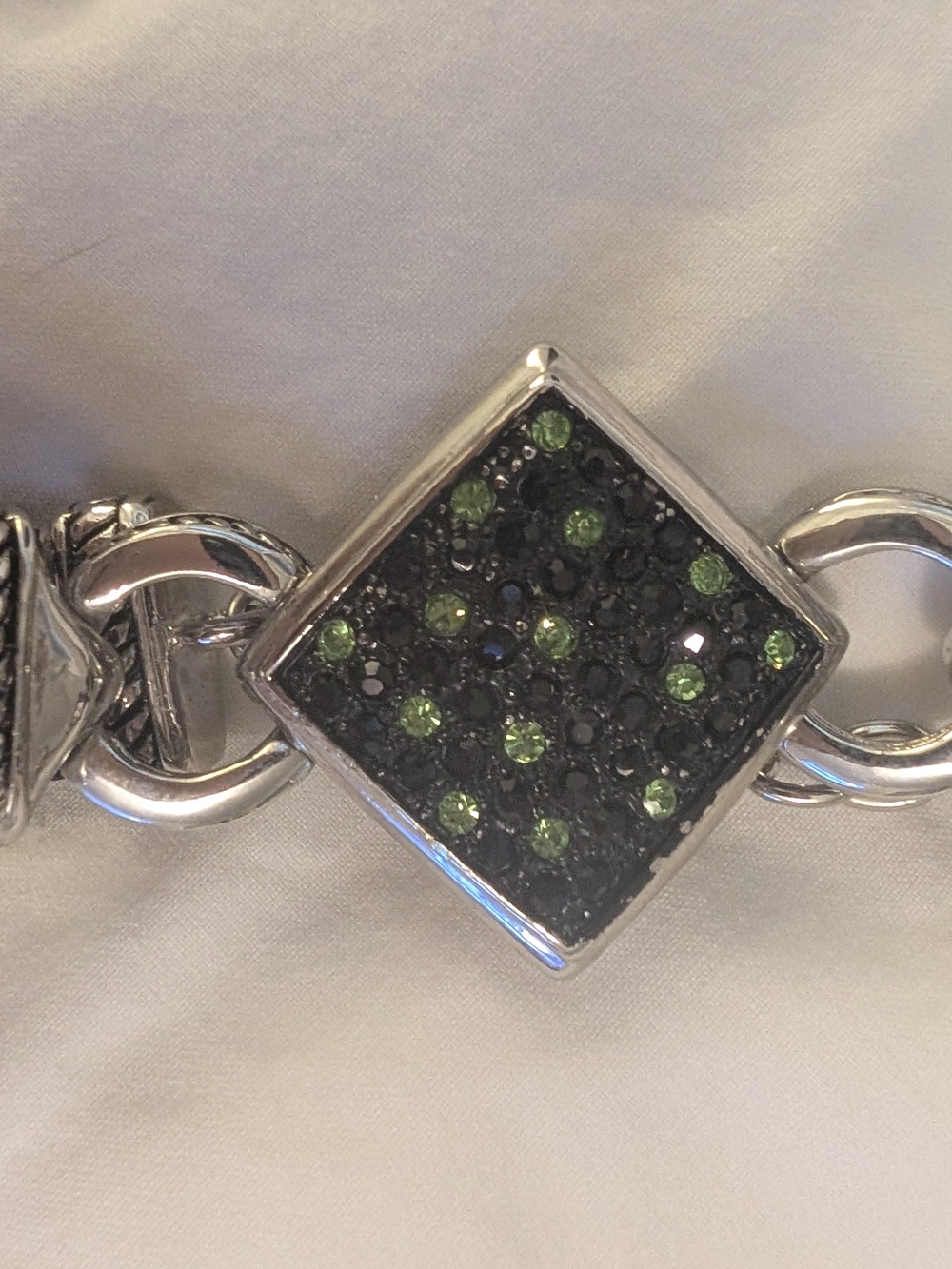 Silver Square Bracelet Link with Black and Lime Rhinestones